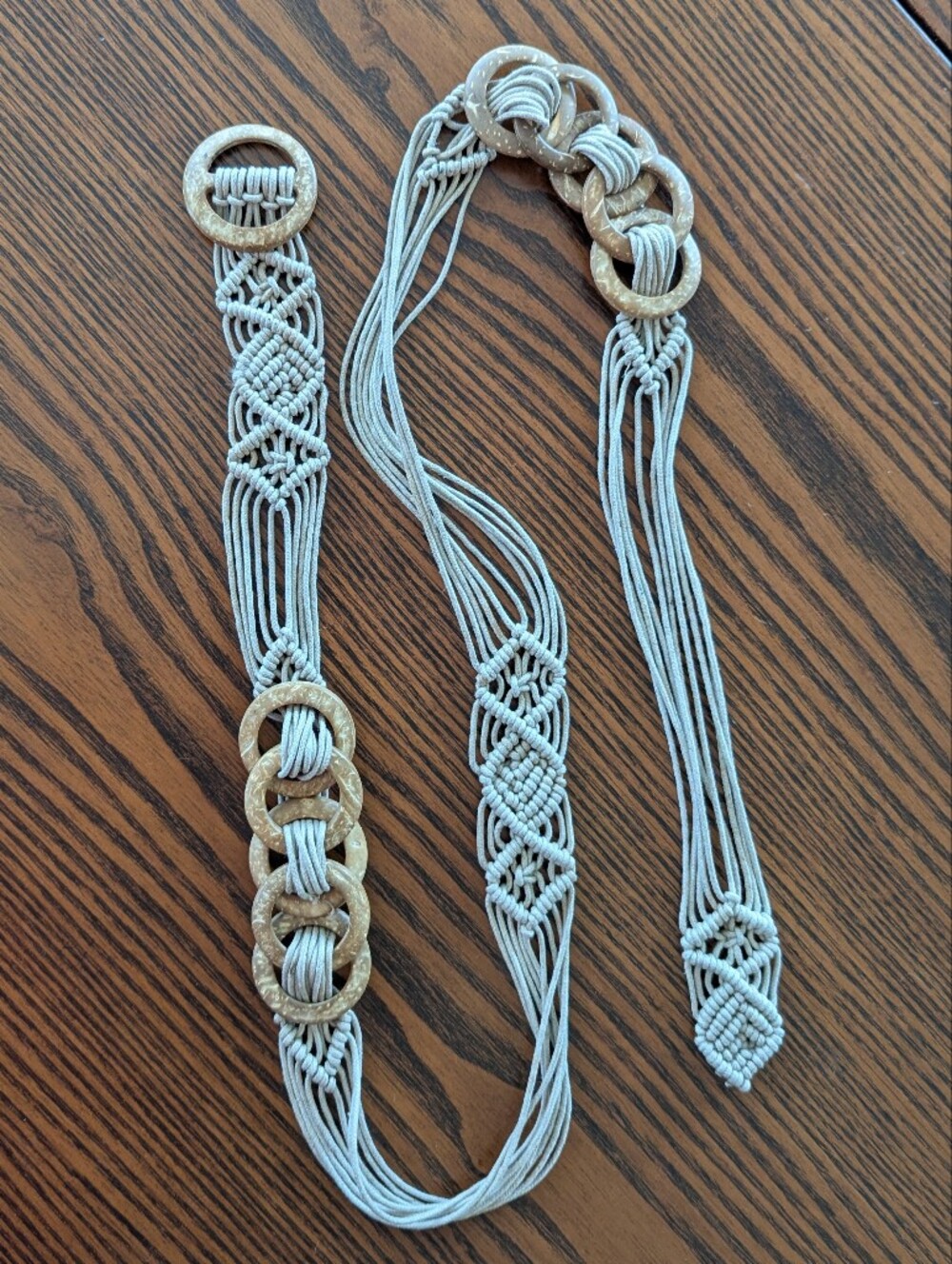 Handwoven Beige Macramé Waist Belt with Wood Ring Accents